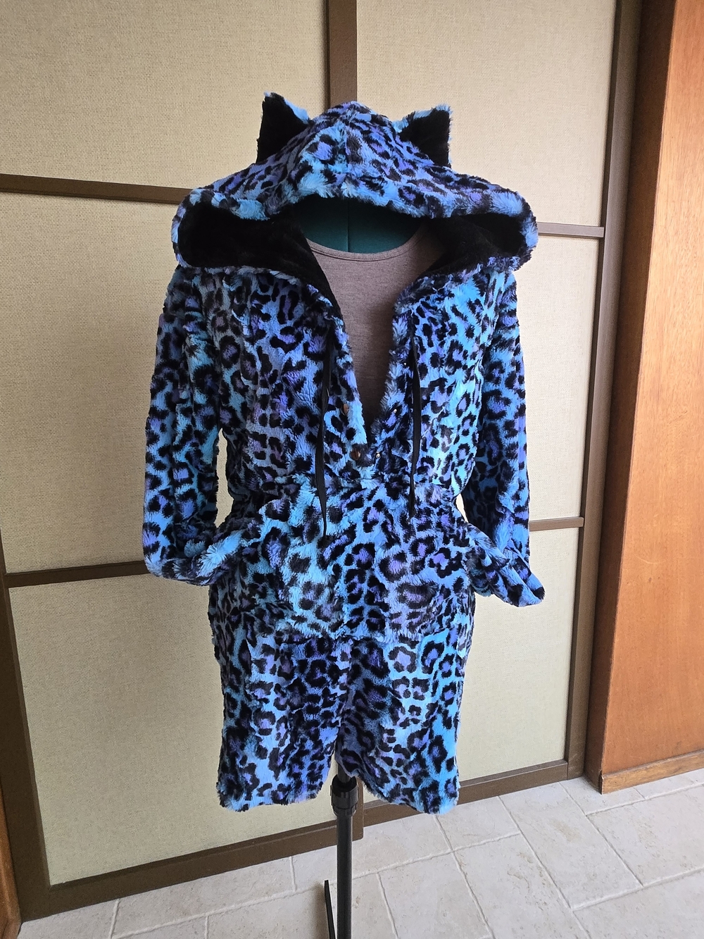 Blue Leopard Plush Hooded Jacket Romper - Picture 2 of 6